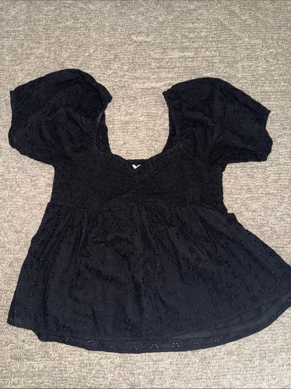 Black Puff-Sleeve Eyelet Peplum Blouse - Women